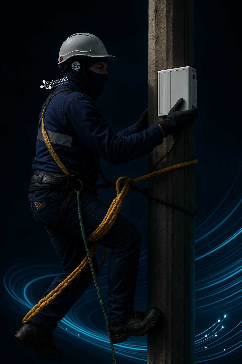 Técnico de SELVANET instalando fibra óptica en un poste